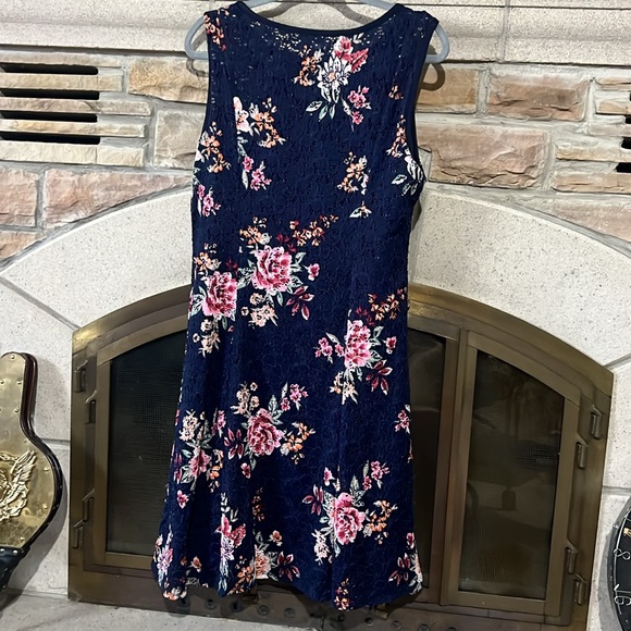 Navy Blue and Pink Lace Floral Midi Dress - Picture 6 of 7